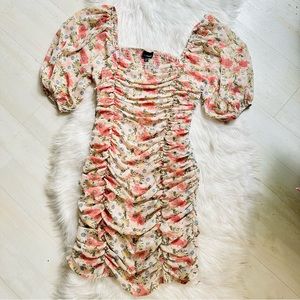 Like-New Lucy Paris Cinched Tiered Oversized Puff Sleeves Floral Bodycon Dress L